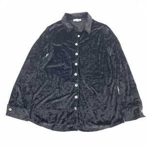 Simply Noelle Crushed Velvet Button Down Embriodered Long Sleeve Top S/M Black